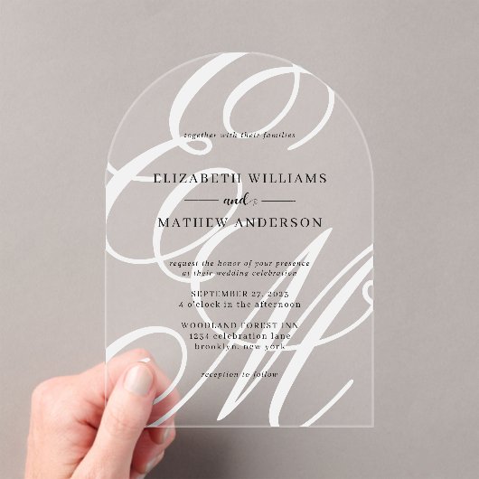 Kalligrafie Ivoor Wit Monogram Boog Huwelijk Acryl Uitnodigingen (Insitu (Draagbaar))