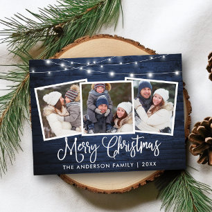 Kalligrafie Kerst Blauw Houten Lichten 3 Foto Briefkaart