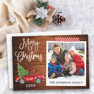 Kalligrafie kerstboomwagen met houten kraan feestdagenkaart