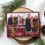 Kalligrafie Kerstmis  Truck Pset 2 Foto Briefkaart<br><div class="desc">Modern Fun Calligraphy Script Merry Kerstmis 2 Photo Holiday Briefkaart - Waterverf  Rood Vracht met kerstboom op Red Buffalo Pset</div>