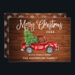 Kalligrafie Kerstmis Vrachtwagen Snowflakes Hood Feestdagenkaart<br><div class="desc">Rustic Wood - Modern Fun Calligraphy Script Waterverf  Red Truck met kerstboom - Merry kerstkaart met Snowflakes Back</div>