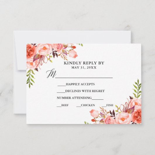 Kalligrafie Koraal Bloemen Bruiloft RSVP Maaltijd (Achterkant)