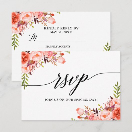 Kalligrafie Koraal Bloemen Bruiloft RSVP Maaltijd (Voorkant / Achterkant)