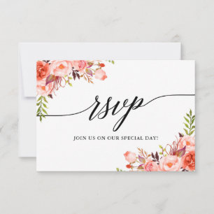 Kalligrafie Koraal Bloemen Bruiloft RSVP Maaltijd  Kaartje