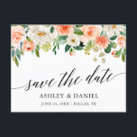 Kalligrafie Koraal Bloemen Save The Date Briefkaart<br><div class="desc">Het moderne kalligrafiescript. Elegante Waterverf Koraal Bloemen Groen Bruiloft Save The Date Briefkaart bevat koraal witte rozen en andere mooie groen.</div>