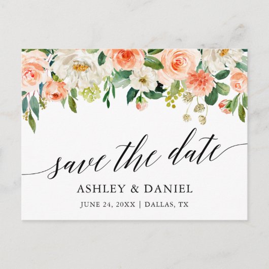 Kalligrafie Koraal Bloemen Save The Date Briefkaart (Voorkant)