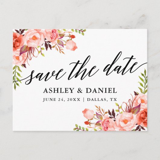 Kalligrafie Koraal Bloemen Save The Date Briefkaart (Voorkant)