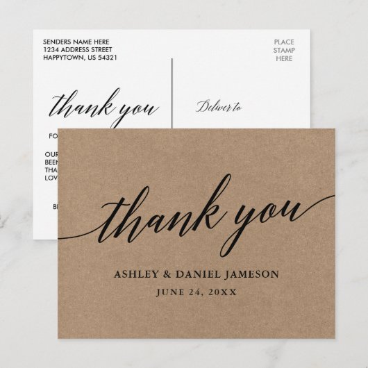 Kalligrafie Kraft bruiloft Dank u Briefkaart (Voorkant / Achterkant)