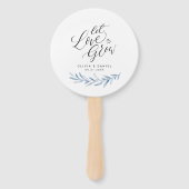 Kalligrafie "Laat liefde groeien" Blauw rustiek gr Handwaaier (Achterkant)