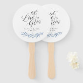 Kalligrafie "Laat liefde groeien" Blauw rustiek gr Handwaaier (Voorkant en achterkant)