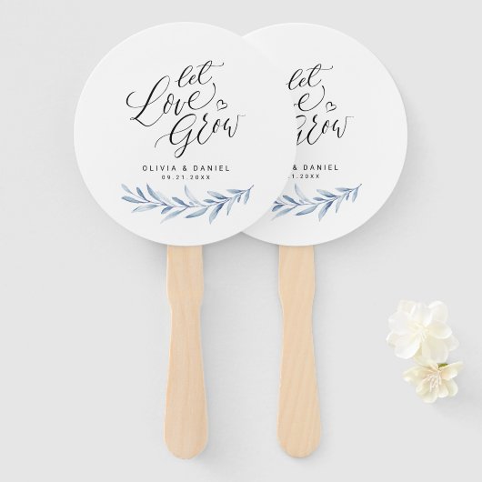 Kalligrafie "Laat liefde groeien" Blauw rustiek gr Handwaaier (Voorkant en achterkant)