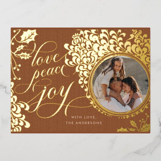 kalligrafie liefde, vreugde, vrede 1 foto folie feestdagen briefkaart (Voorkant)