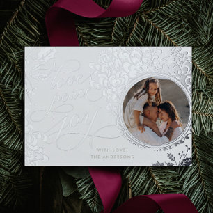  kalligrafie liefde, vreugde, vrede 1 foto folie feestdagenkaart