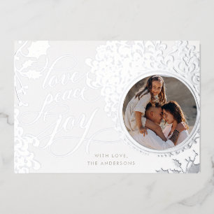  kalligrafie liefde, vreugde, vrede 1 foto folie feestdagenkaart