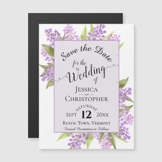 Kalligrafie Lilacs Lavendel Bruiloft Save the Date Magnetische Uitnodiging (Voorkant / Achterkant)