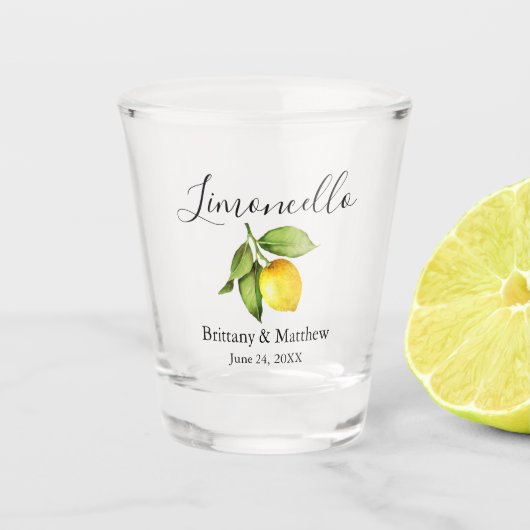 Kalligrafie Limoncello Waterverf Citroen bruiloft Shot Glas (Voorkant)
