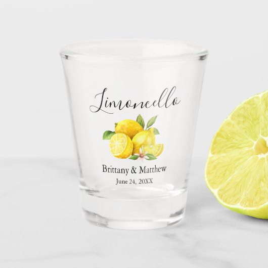 Kalligrafie Limoncello Waterverf Citroenen Bruilof Shot Glas (Voorkant)