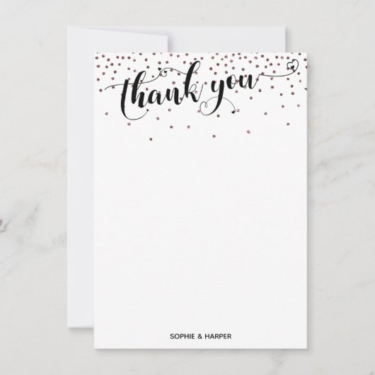Kalligrafie met harten en Roos gouden Confetti Bedankkaart (Voorkant)