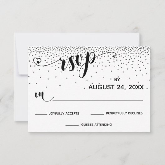 Kalligrafie met harten, Silver Glitter Confetti RSVP Kaartje (Voorkant)