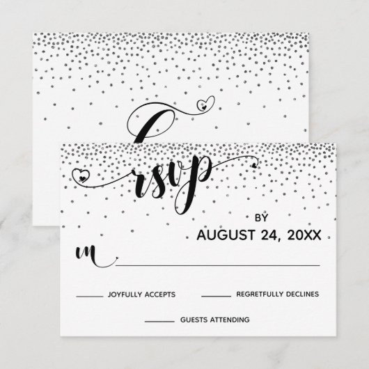 Kalligrafie met harten, Silver Glitter Confetti RSVP Kaartje (Voorkant / Achterkant)