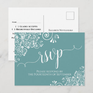 Kalligrafie met kanten op turquoise trouw-RSVP Briefkaart