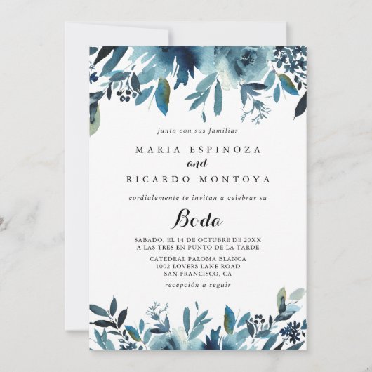 Kalligrafie Minimalistisch Blauw Bloemen Spaans Br Kaart (Voorkant)