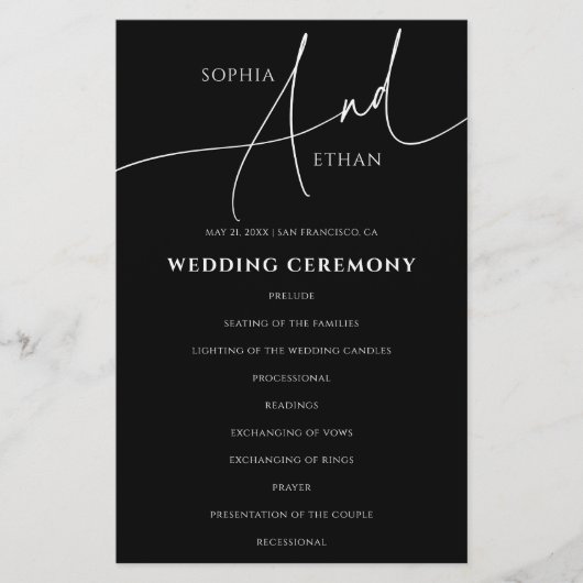 Kalligrafie Minimalistisch huwelijksprogramma Zwar (Voorkant)