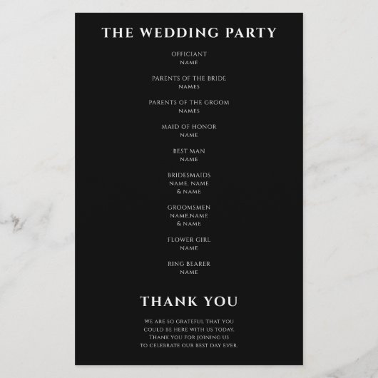 Kalligrafie Minimalistisch huwelijksprogramma Zwar (Achterkant)