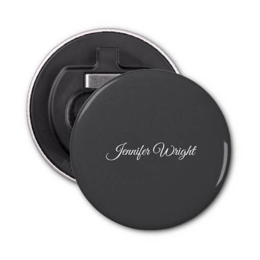 Kalligrafie minimalistische vlakte modern grijs button flesopener (Voorkant)