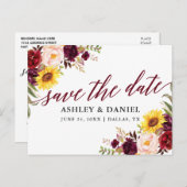 Kalligrafie Mixed Floral Bourgogne Save the Date Briefkaart (Voorkant / Achterkant)