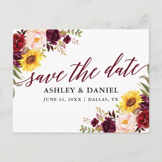 Kalligrafie Mixed Floral Bourgogne Save the Date Briefkaart (Voorkant)