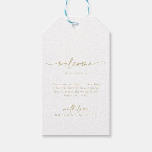 Kalligrafie Modern Elegant Goud Bruiloft Welkom Cadeaulabel (Voorkant)