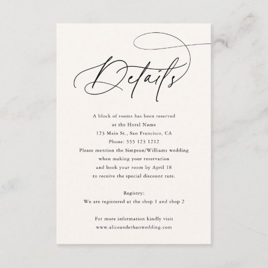 Kalligrafie Monogram Beige Wedding Details Informatiekaartje (Voorkant)