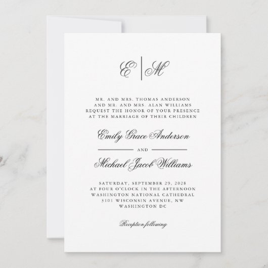 Kalligrafie Monogram Formele Zwart-witte bruiloft Kaart (Voorkant)