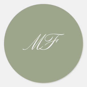 Kalligrafie Monogram Sage Groen Wit Trouwen Ronde Sticker