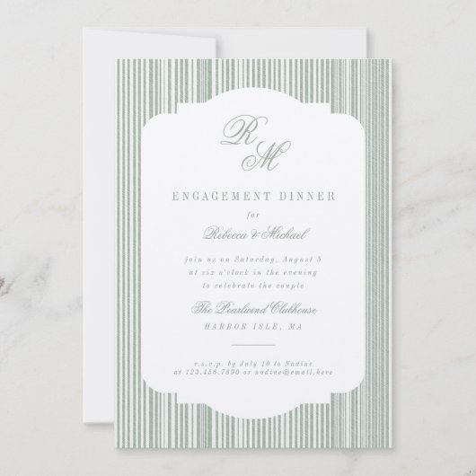 Kalligrafie Monogram Sage Stripes Engagement Party Kaart (Voorkant)