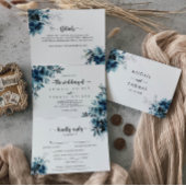 Kalligrafie Navy Blue Floral bruiloft Drieluik Uitnodiging