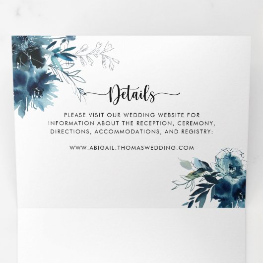 Kalligrafie Navy Blue Floral bruiloft Drieluik Uitnodiging (Binnenzijde eerst)