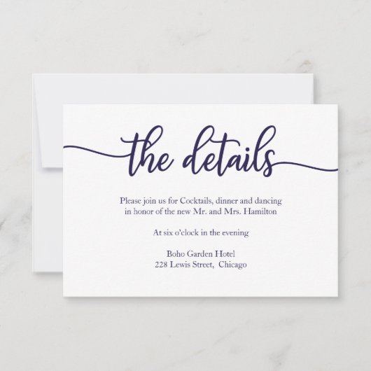Kalligrafie Navy Blue White Wedding Details Kaart (Voorkant)