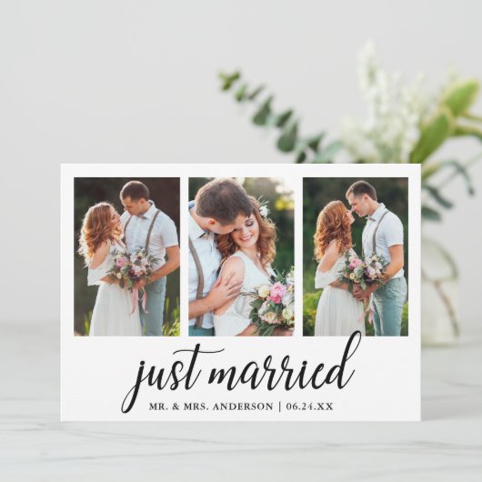 Kalligrafie net getrouwd 3 fotokaart bedankkaart (Staand voorkant)