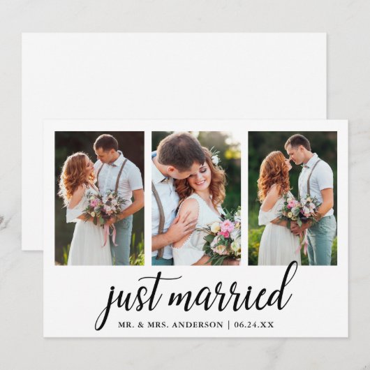 Kalligrafie net getrouwd 3 fotokaart bedankkaart (Voorkant / Achterkant)