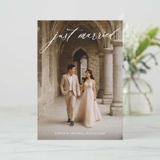  kalligrafie net getrouwd foto-elopement aankondiging (Staand voorkant)