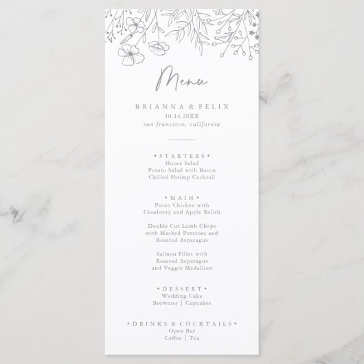 Kalligrafie Neutraal Wildflower Diner Menu (Voorkant)