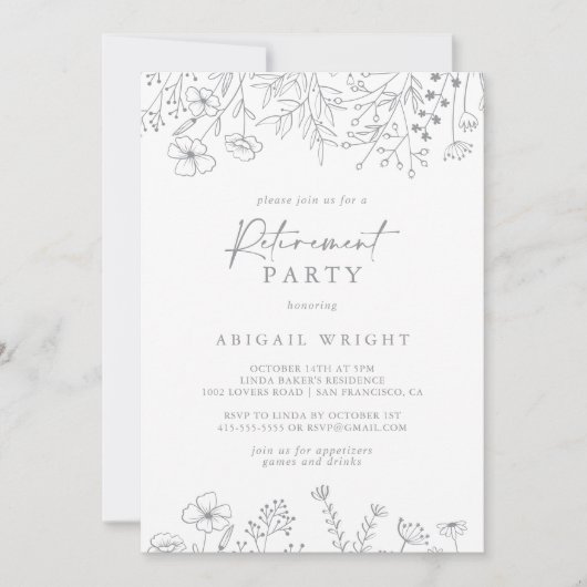 Kalligrafie Neutraal Wildflower Pensioen Partij Kaart (Voorkant)