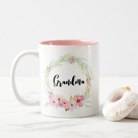 Kalligrafie Oma en Waterverf Bloemenkrans Tweekleurige Koffiemok (Met donut)