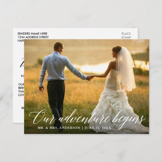 Kalligrafie Ons avontuur begint bruiloft Dank u Briefkaart (Voorkant / Achterkant)