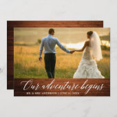 Kalligrafie Ons avontuur begint Hout bruiloft Bedankkaart (Voorkant / Achterkant)