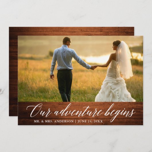 Kalligrafie Ons avontuur begint Hout bruiloft Bedankkaart (Voorkant / Achterkant)