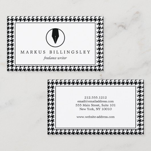 Kalligrafie Pen Nib Logo met Houndstooth Pattern Visitekaartje (Voorkant / Achterkant)