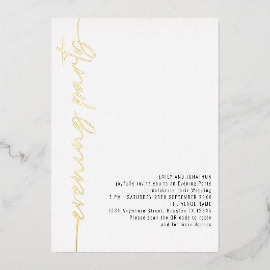 Kalligrafie QR-code Avondsfeest Echte bruiloft Folie Uitnodiging (Voorkant)